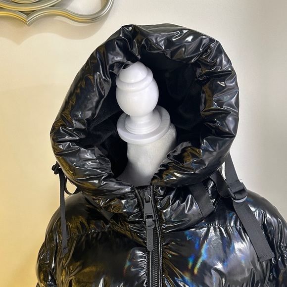 DKNY Glossy Black Hooded Puffer Jacket - Picture 6 of 9